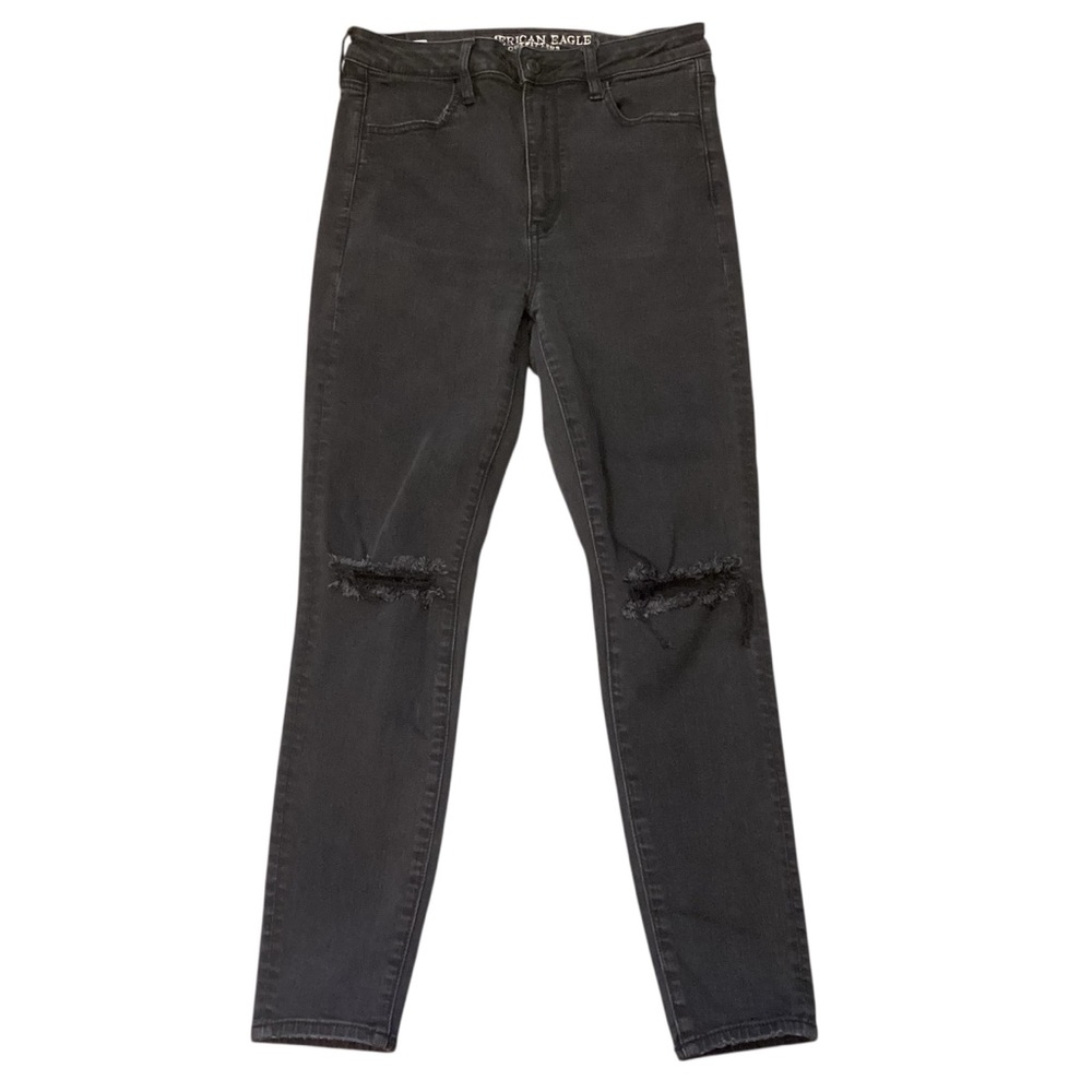 American Eagle Super Hi-Rise Black Wash Jeggings Size 10 Distressed